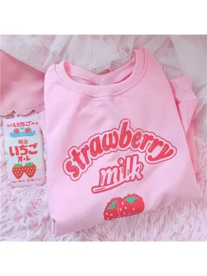 3XL Harajuku Kawaii Strawberry Pink Sweatshirts Fleece Sweatshirt Women Kpop Chic Cute Girls Top Y2k  Clothes