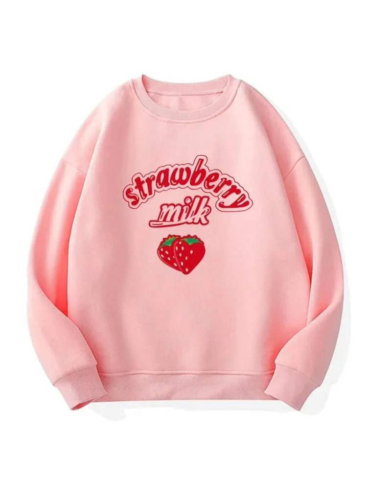 3XL Harajuku Kawaii Strawberry Pink Sweatshirts Fleece Sweatshirt Women Kpop Chic Cute Girls Top Y2k  Clothes