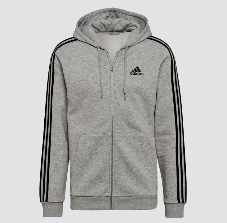 Adidas Essentials Fleece 3-Stripes Full-Zip Hoodie, Gray