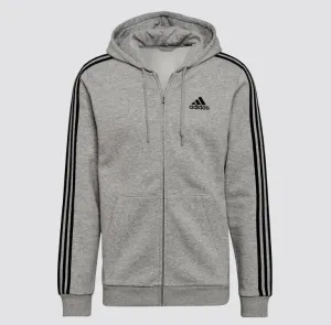 Adidas Essentials Fleece 3-Stripes Full-Zip Hoodie, Gray