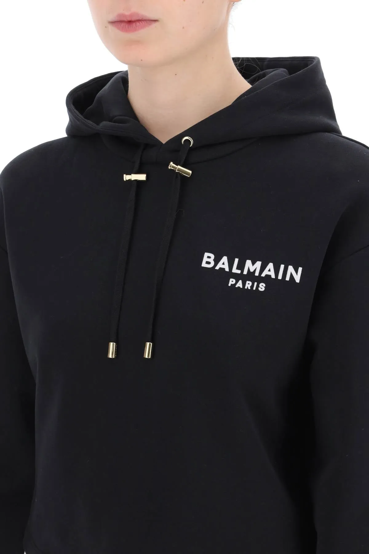 BALMAIN cropped hoodie with flocked logo