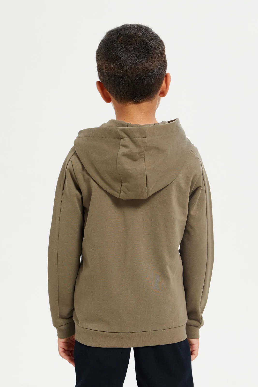 Boys Olive Zipper Front Hooded Sweatshirt