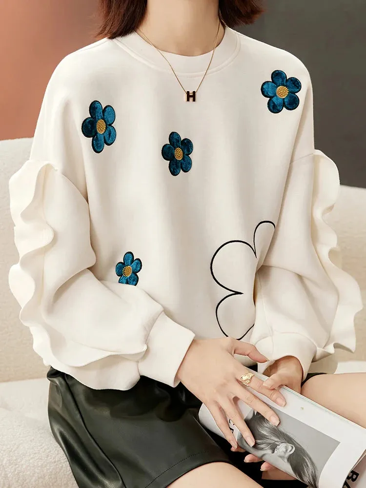 Chic Beige Floral Long Sleeve Ruffles Sweatshirt