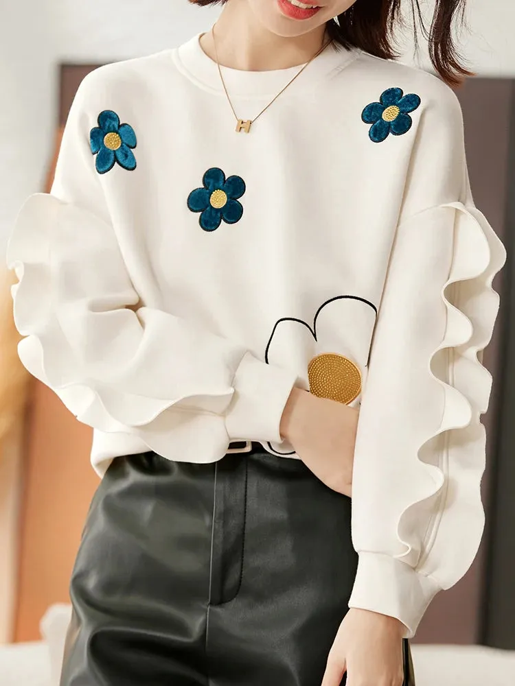 Chic Beige Floral Long Sleeve Ruffles Sweatshirt