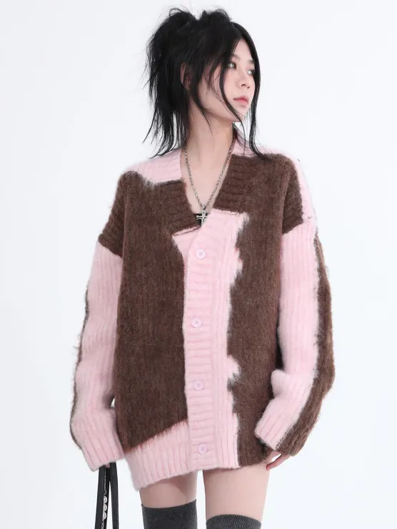 Color Block Fuzzy Knit Cardigan