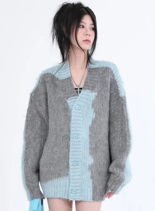 Color Block Fuzzy Knit Cardigan