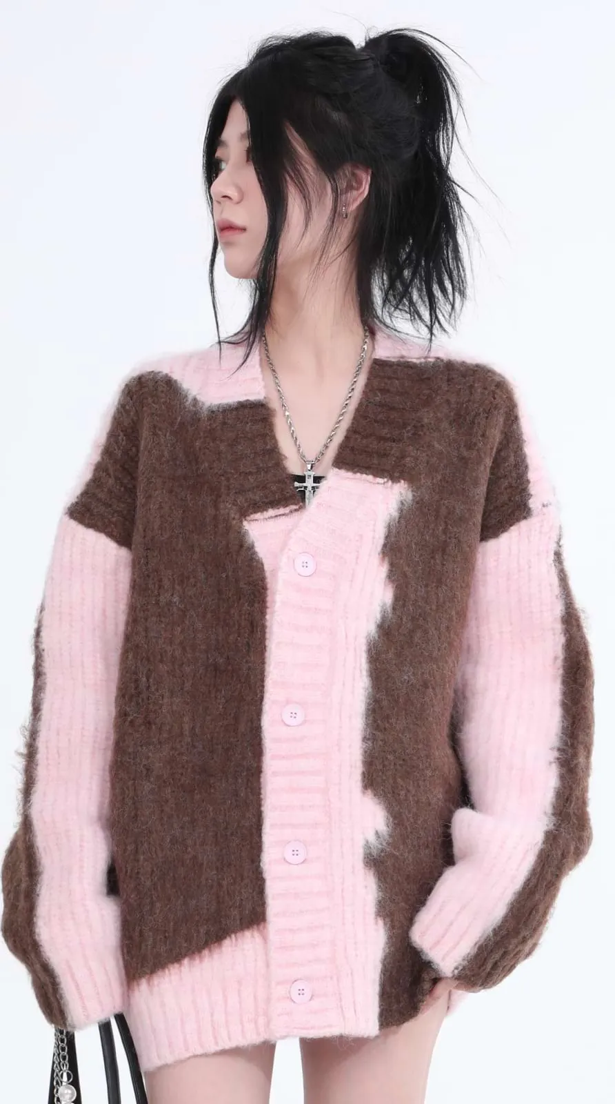 Color Block Fuzzy Knit Cardigan