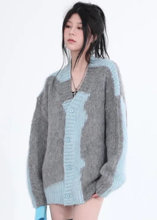 Color Block Fuzzy Knit Cardigan