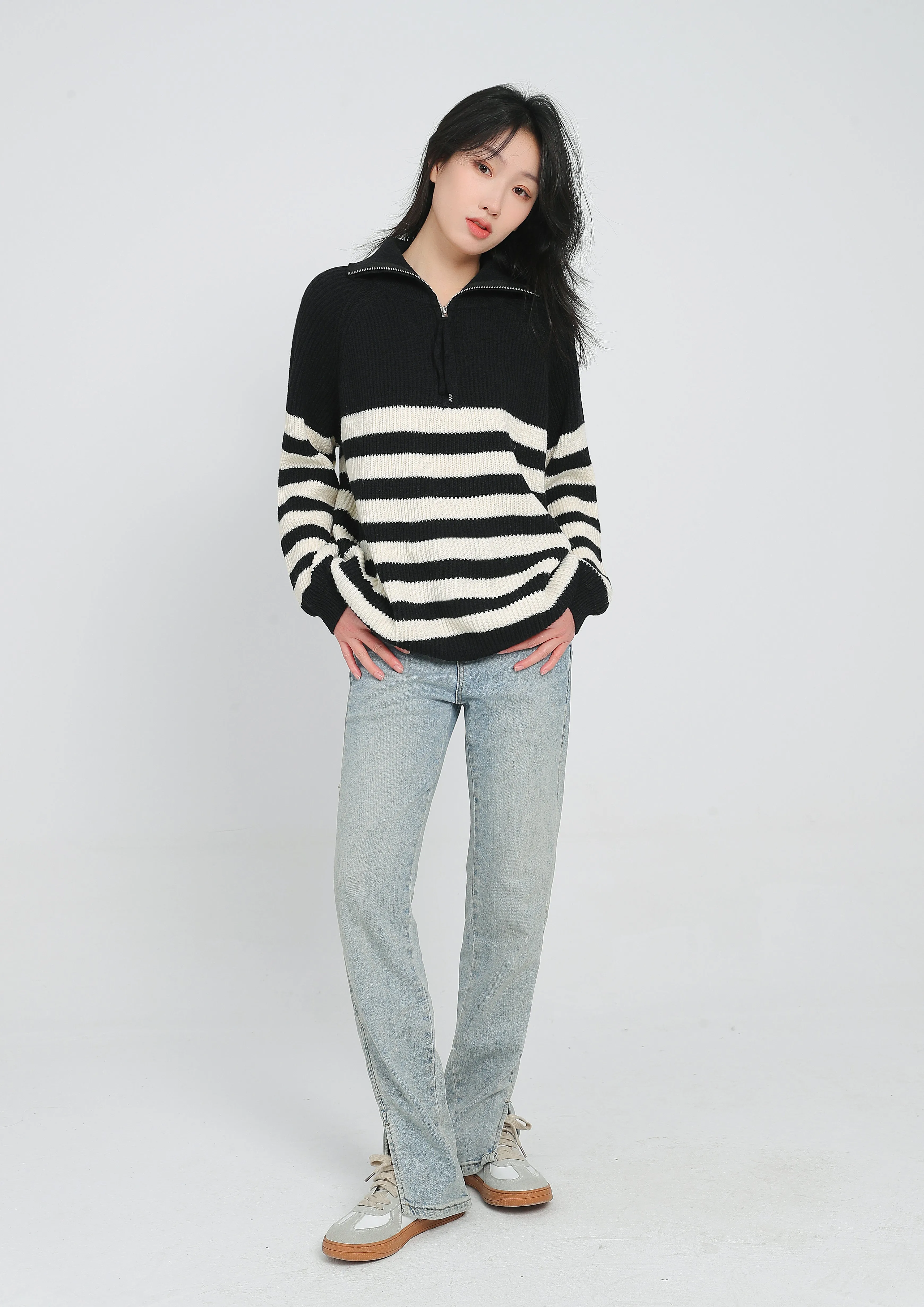 Color Block Stripe Zip Up Pullover