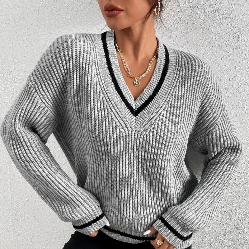 deanwangkt Casual Loose Knitted Sweater for Women Autumn Stripe V-Neck Sweater Winter Solid Soft Office Lady Pullover Fashion Jumper