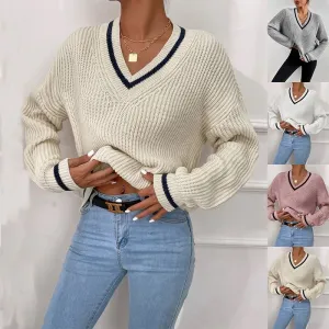 deanwangkt Casual Loose Knitted Sweater for Women Autumn Stripe V-Neck Sweater Winter Solid Soft Office Lady Pullover Fashion Jumper