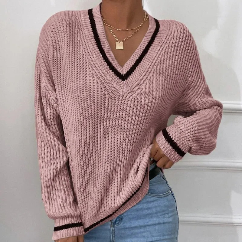 deanwangkt Casual Loose Knitted Sweater for Women Autumn Stripe V-Neck Sweater Winter Solid Soft Office Lady Pullover Fashion Jumper