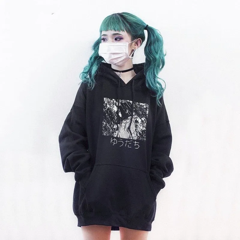 Gothic Cool Chic Loose Cotton Fleece Hooded Sweatshirt