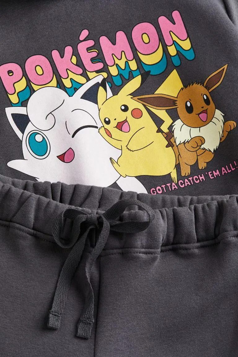 H&M x Pokémon Printed Sweatshirt 2-Piece Set, Dark Gray