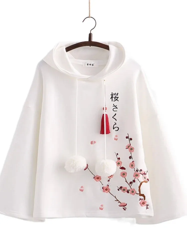 Harakuju Women Hoodies Floral Embroidery Hooded Sweatshirts Winter Full Sleeve Sweet Style Female Cotton Kawaii Pullover