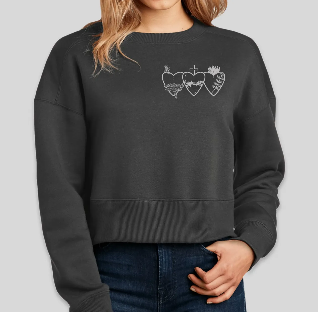 Holy Family Hearts® Ladies Crewneck in Gray