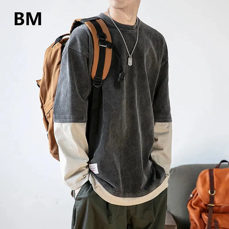 Japanese Streetwear Fake Two Sweatshirts Round Neck Loose Pullover Men Clothing