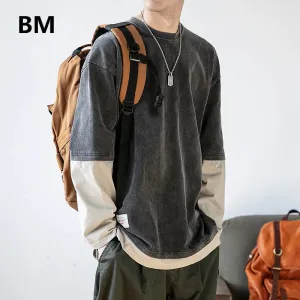 Japanese Streetwear Fake Two Sweatshirts Round Neck Loose Pullover Men Clothing