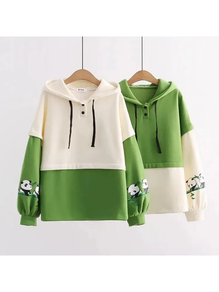 Kawaii Panda Embroidery Fleece Women Hoodies Patchwork Drawstring Hooded Sweatshirt Winter Female Pullover Cute Tops