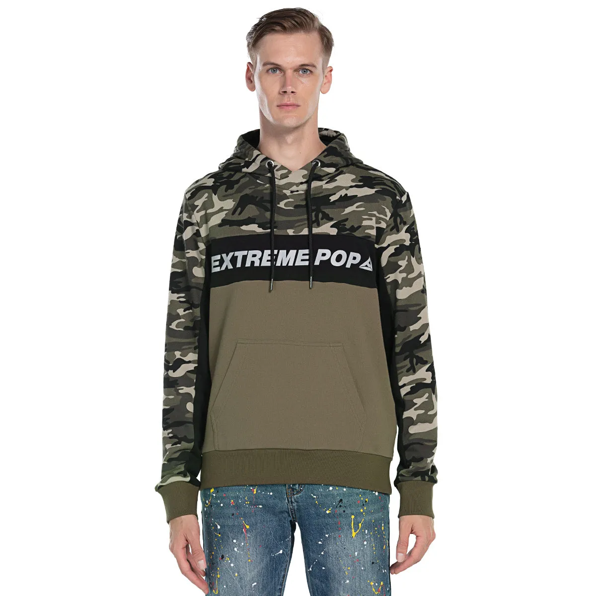 Mens Camo Panel Hooded Sweatshirt Reflective Print size S M L XL