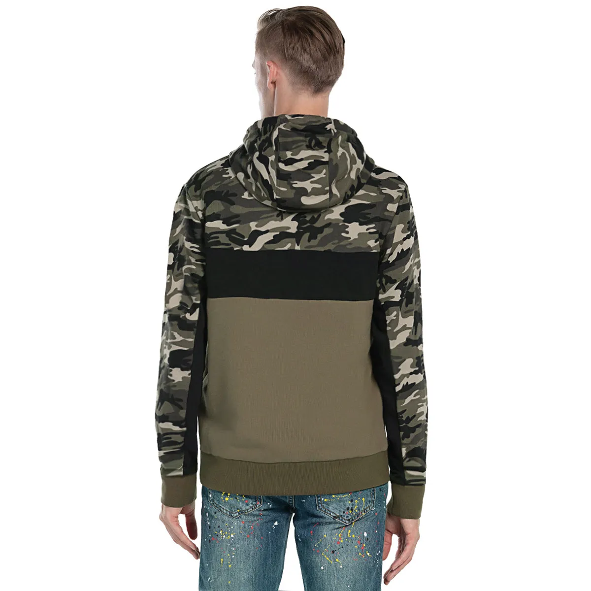 Mens Camo Panel Hooded Sweatshirt Reflective Print size S M L XL