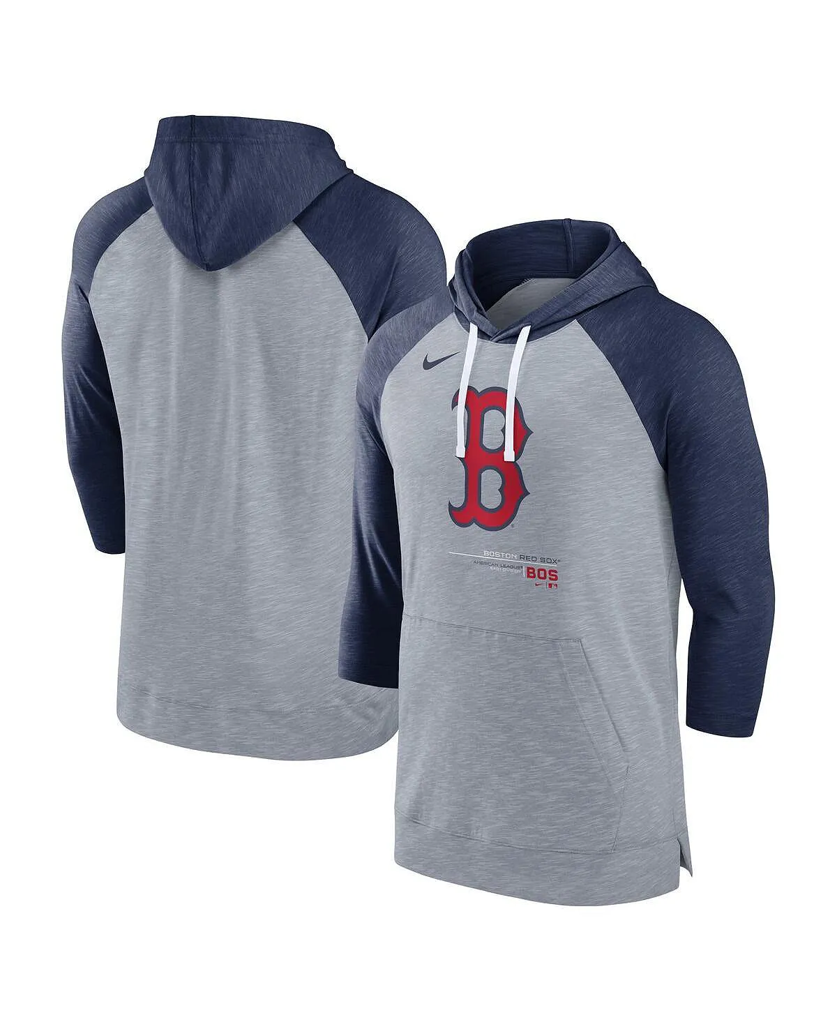 Men's Raglan 3/4 Sleeve Baseball Hooded Sweatshirt , Heather Gray , Heather Navy Blue Boston Red Sox Nike