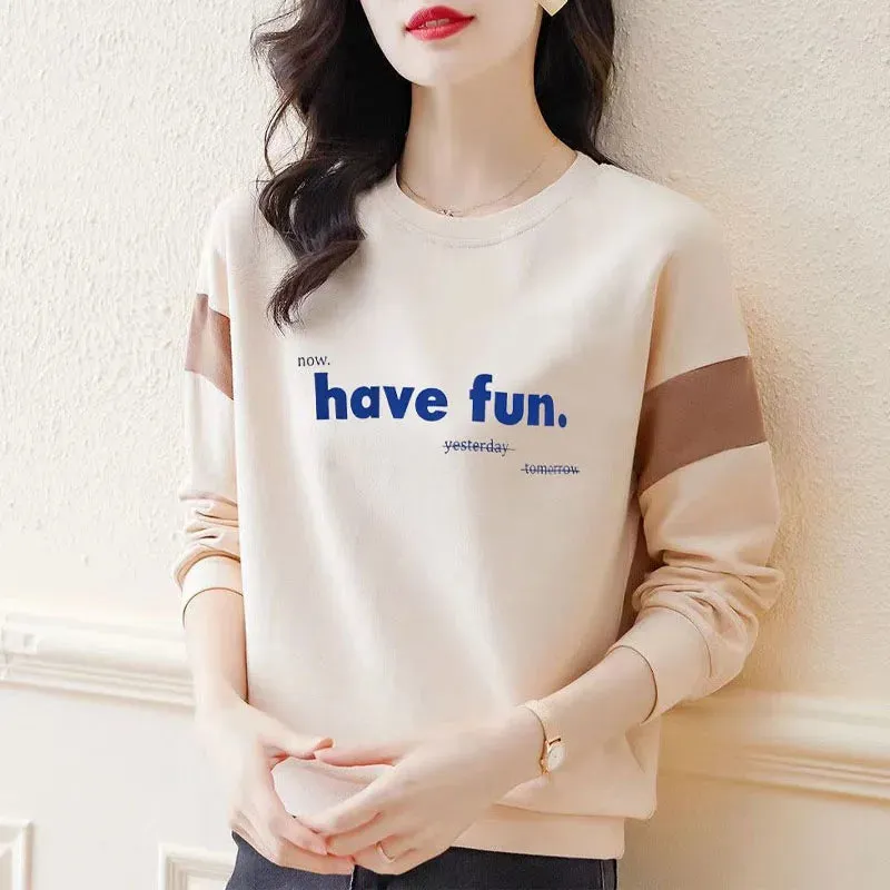 New Spring  Autumn Fashion Trend Letter Printing Round Neck Loose Casual Versatile Simple Style Women's Long Sleeve Sweater