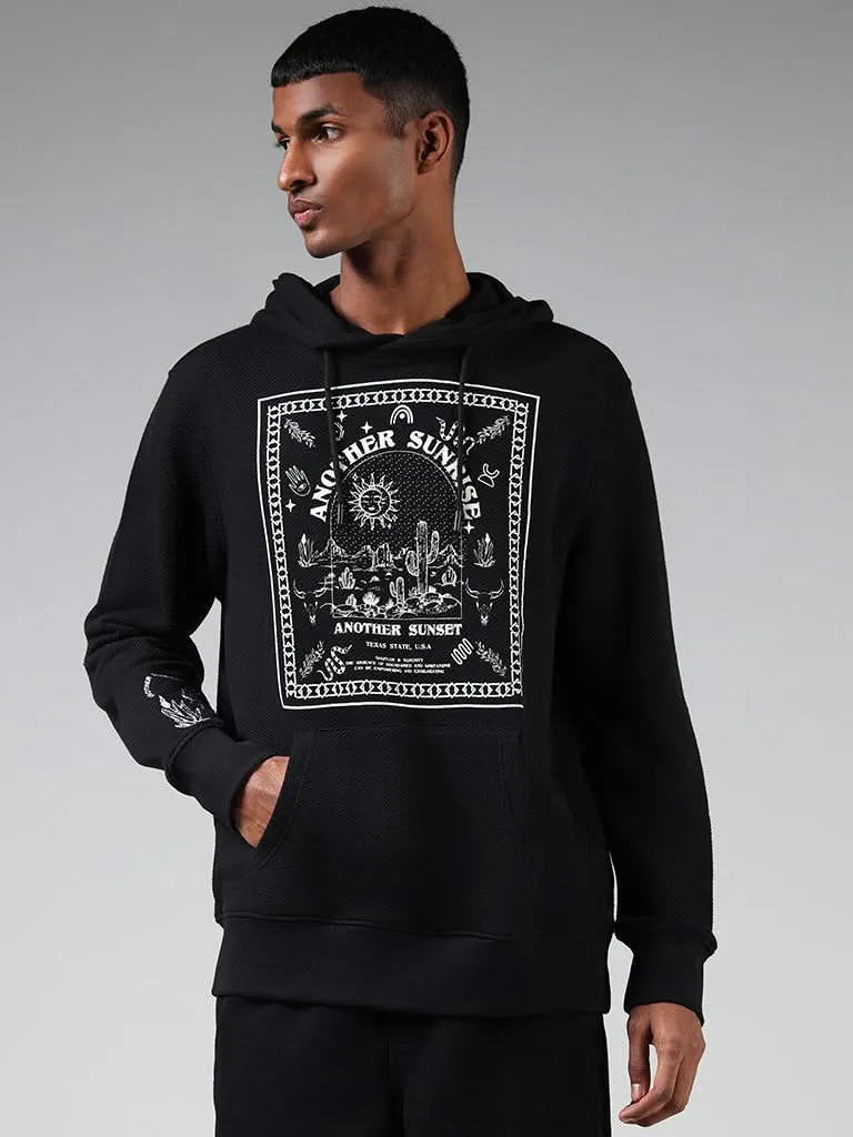 Nuon Black Typographic Knitted Relaxed-Fit Hoodie