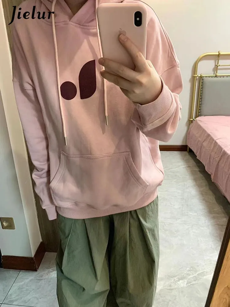 Pink Casual Hooded Drawstring Simple Women Hoodies Basic Chicly Printing Loose Fashion Pocket Pure Color Female Hoodies