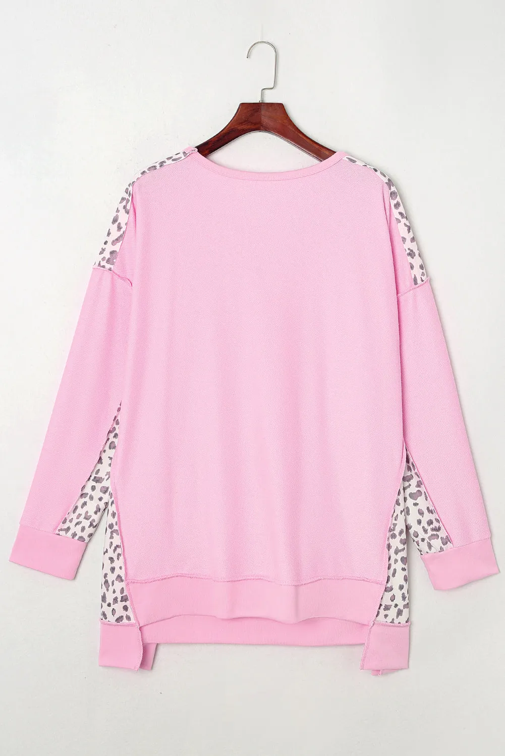 Pink Exposed Seam Leopard Splicing Plus Size Sweatshirt