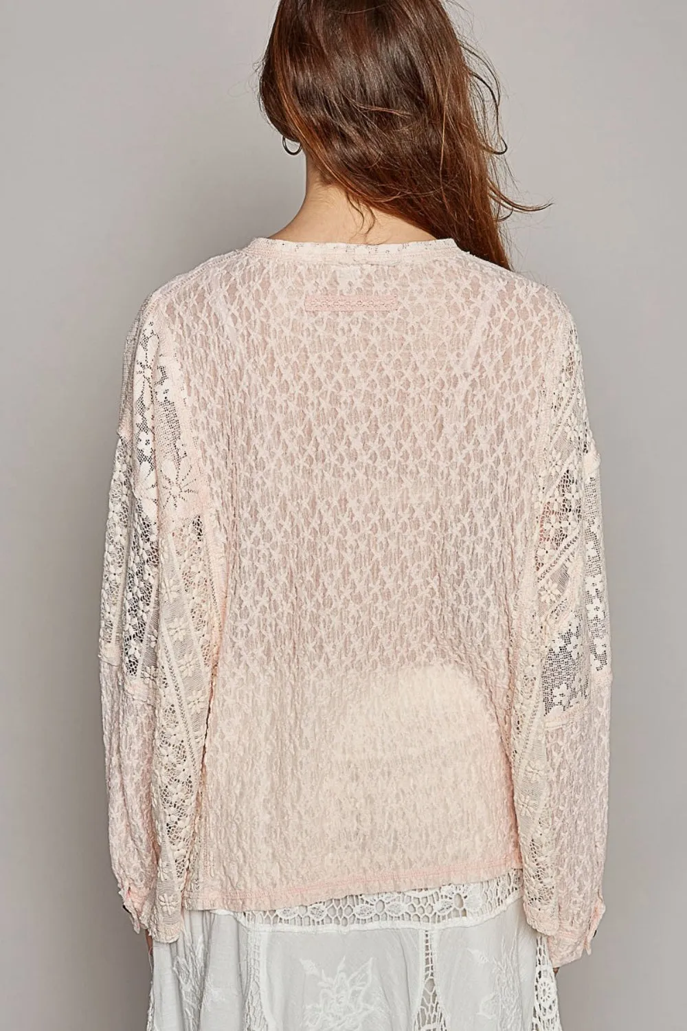 Round Neck Long Sleeve Raw Edge Lace Top