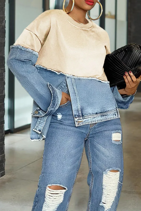 Stylish Irregular Hem Denim Patch Sweatshirt