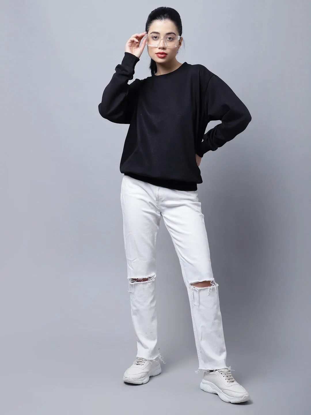 Vimal Jonney Fleece Round Neck Black Sweatshirt For Women