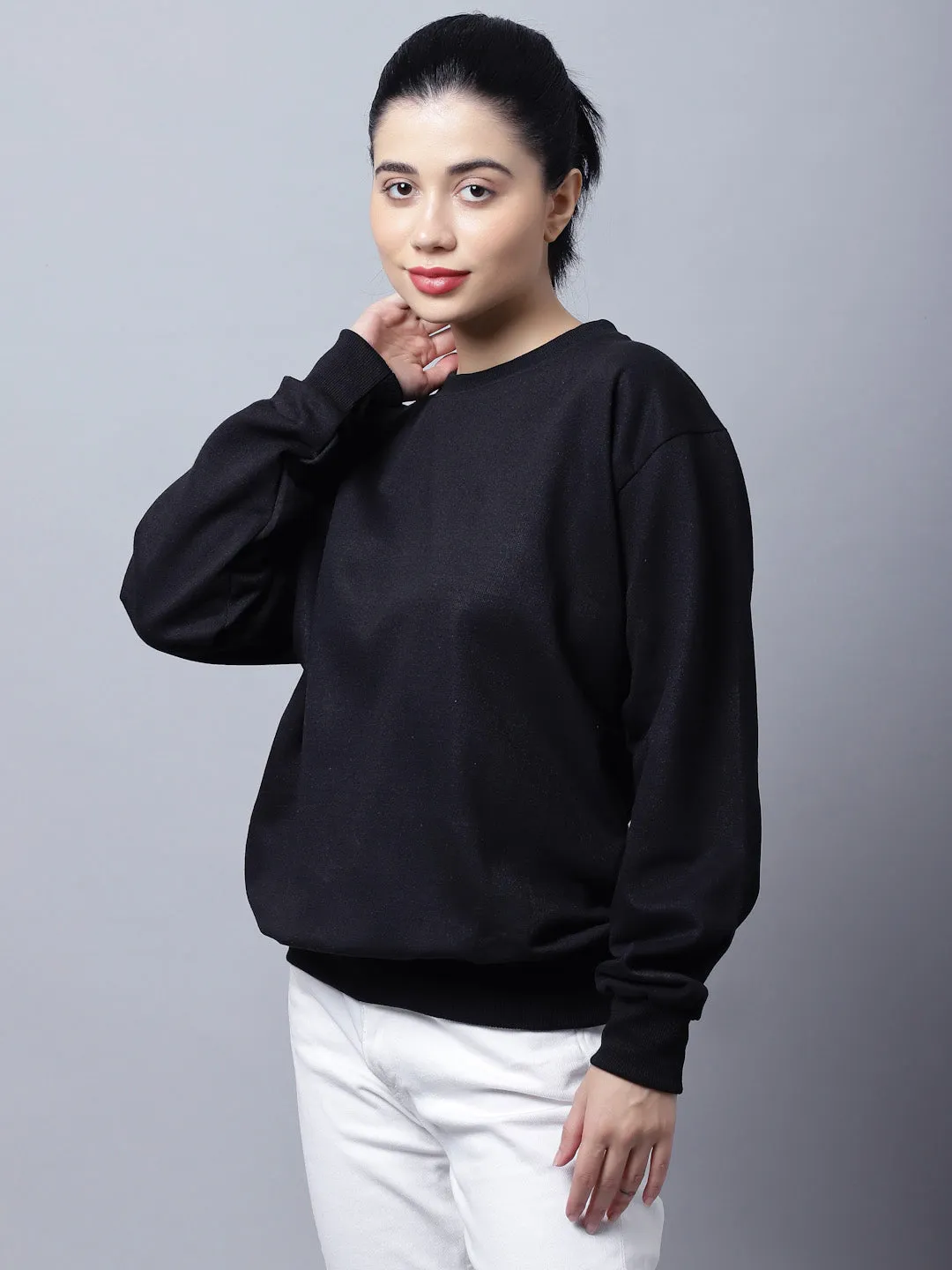 Vimal Jonney Fleece Round Neck Black Sweatshirt For Women