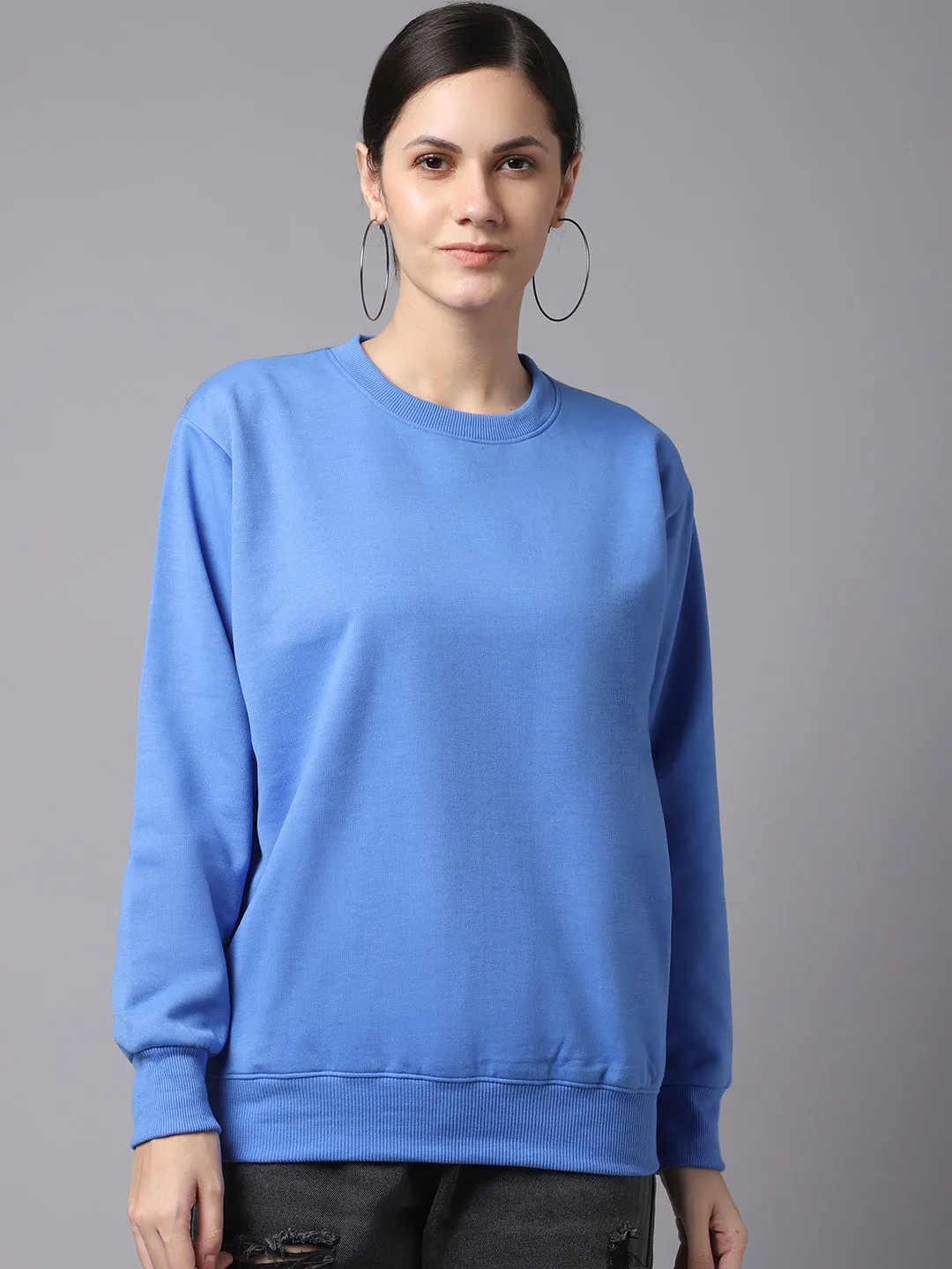 Vimal Jonney Fleece Round Neck Sky Blue Sweatshirt For Women