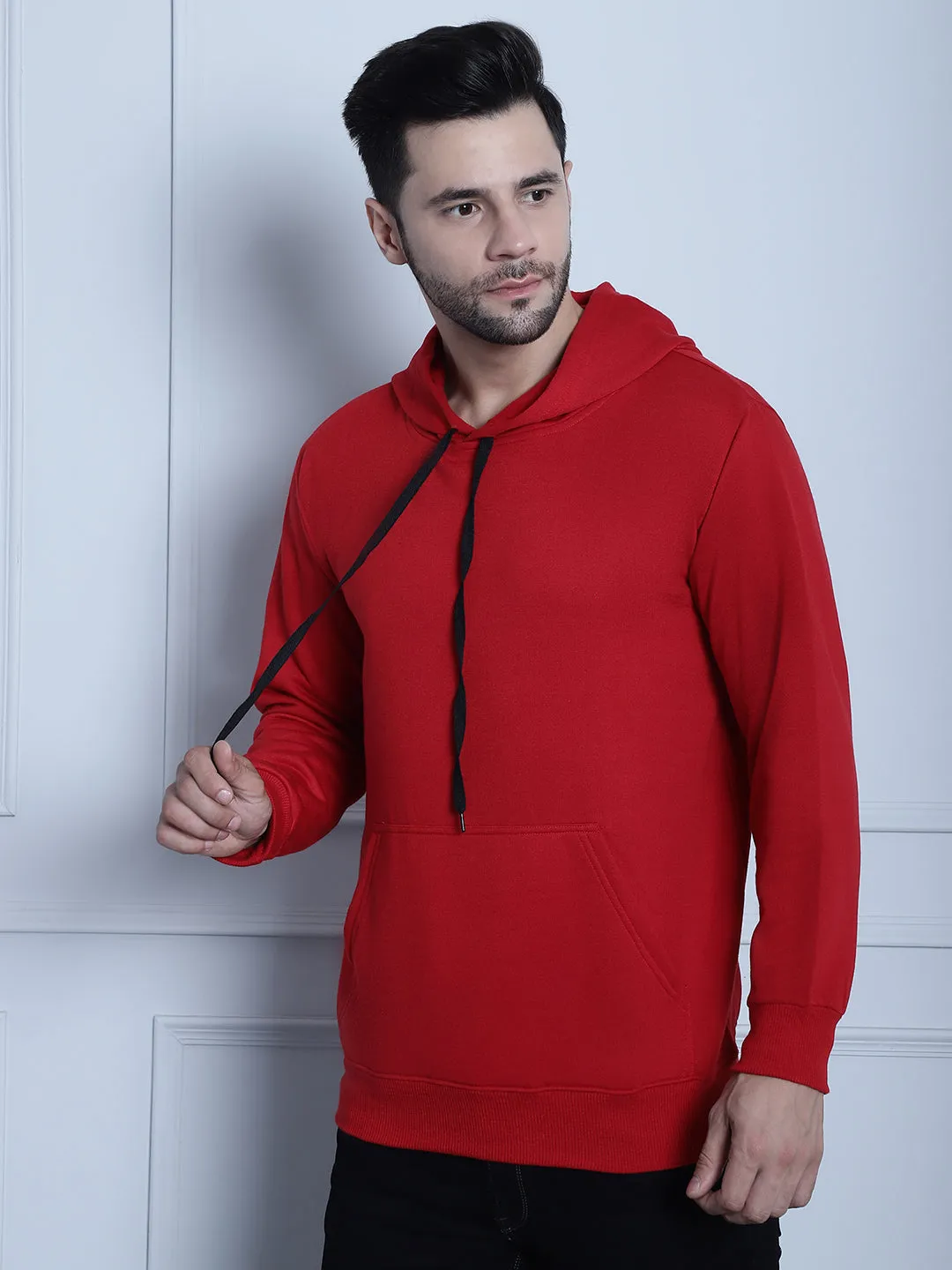 Vimal Jonney Maroon Solid Hooded Cotton Fleece Sweatshirt for Men