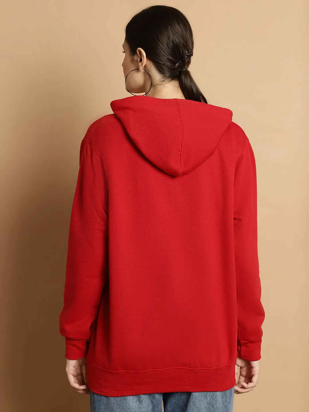 Vimal Jonney Maroon Solid Hooded Cotton Fleece Sweatshirt for Women