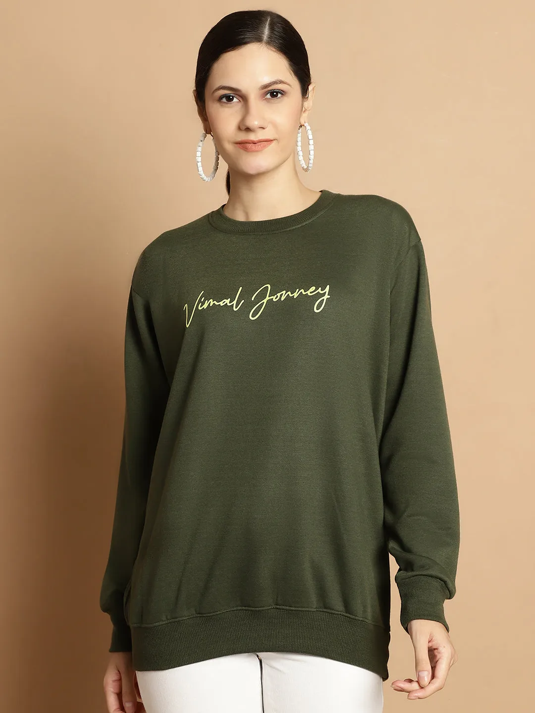 Vimal Jonney Olive Printed Round Neck Cotton Fleece Sweatshirt for Women