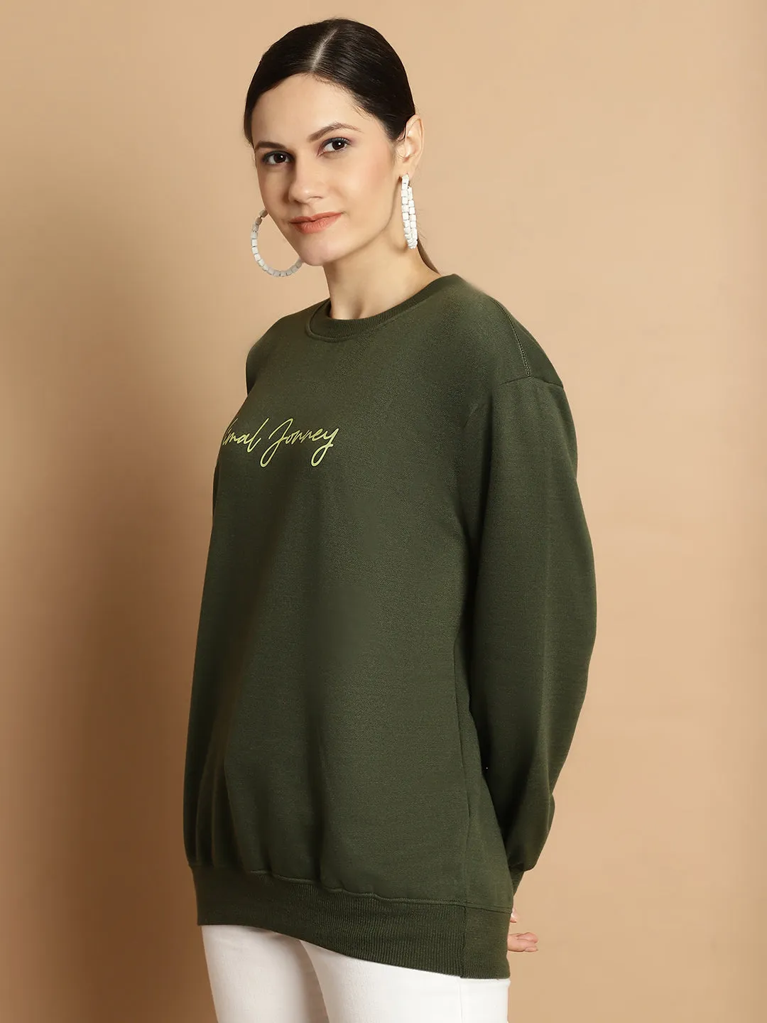 Vimal Jonney Olive Printed Round Neck Cotton Fleece Sweatshirt for Women