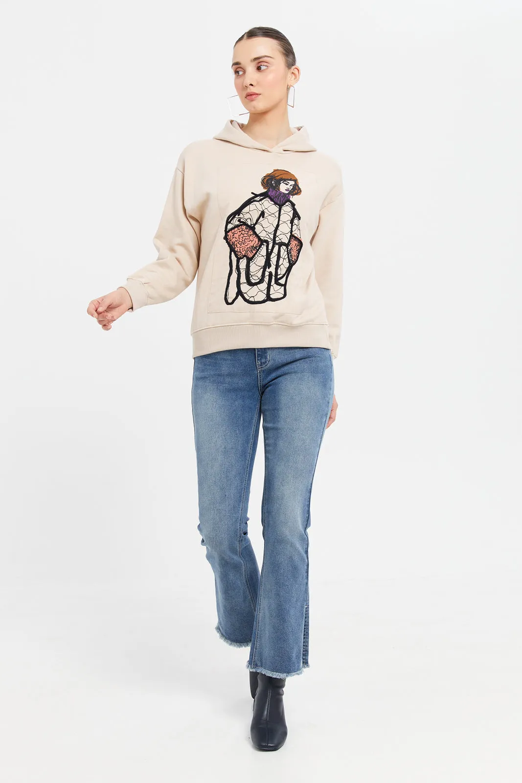 Women Beige Printed Hooded Sweatshirt