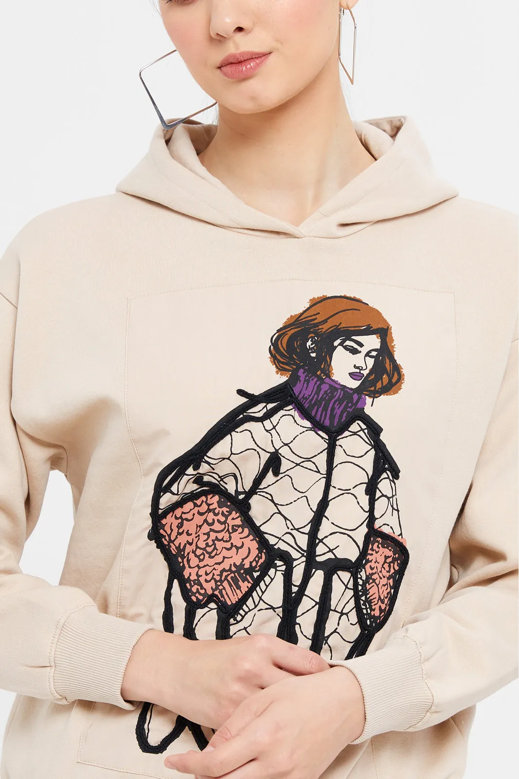 Women Beige Printed Hooded Sweatshirt