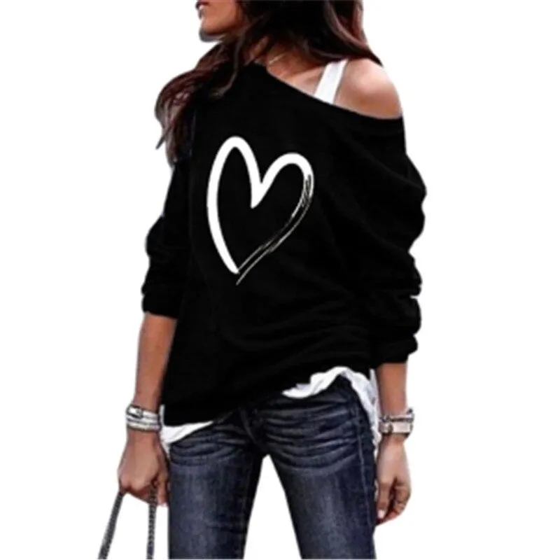 Women Casual Long Sleeve Off Shoulder Love Heart Printed Design Sweatshirt