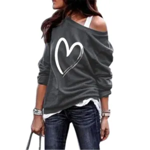 Women Casual Long Sleeve Off Shoulder Love Heart Printed Design Sweatshirt