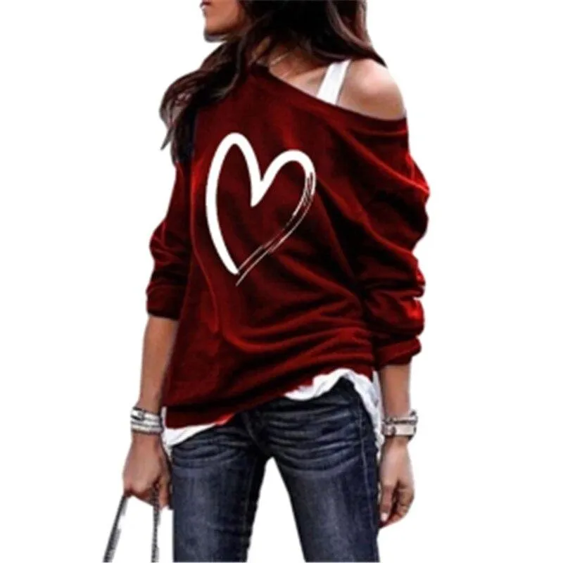 Women Casual Long Sleeve Off Shoulder Love Heart Printed Design Sweatshirt