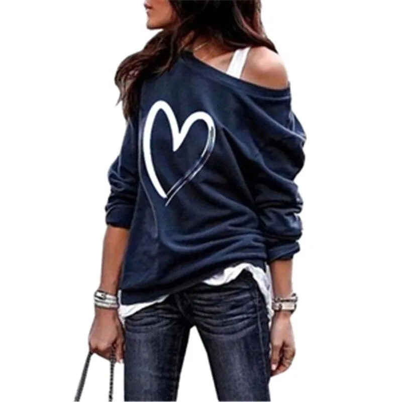 Women Casual Long Sleeve Off Shoulder Love Heart Printed Design Sweatshirt