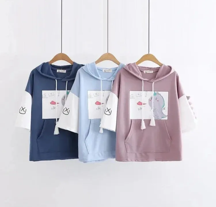 Women Dinosaur Print Funny Hooded Sweatshirts With Pocket Spring Short Sleeve Cotton Hoodies Harajuku Pullovers Tracksuit