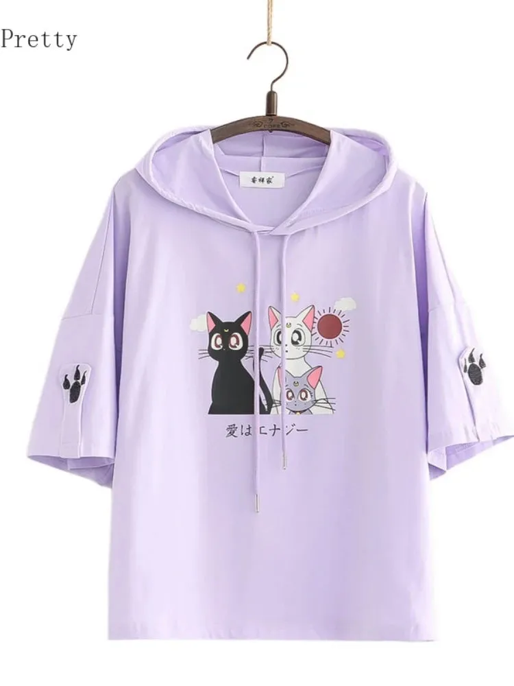 Women Short Sleeve Hooded Sweatshirts Pink Cartoon Cat Embroidery Casual Hoodies Summer High Low Girly Ladies Kawaii Tops